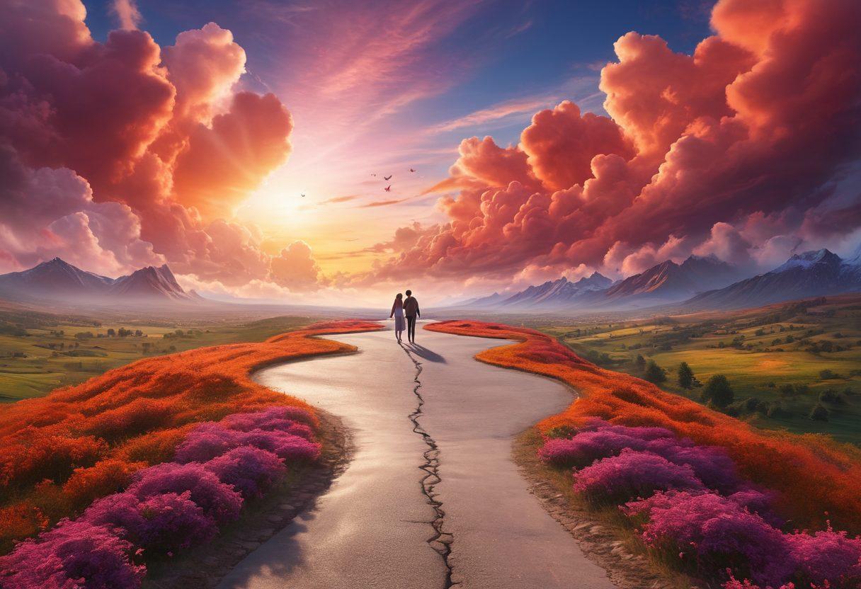 A heart-shaped road winding through diverse landscapes, symbolizing the journey of passion and affection in relationships. Vivid emotions depicted through colors merging into the scenery, with silhouettes of couples sharing moments along the path. Soft, dreamy clouds hovering above to evoke warmth and connection. super-realistic. vibrant colors. 3D.