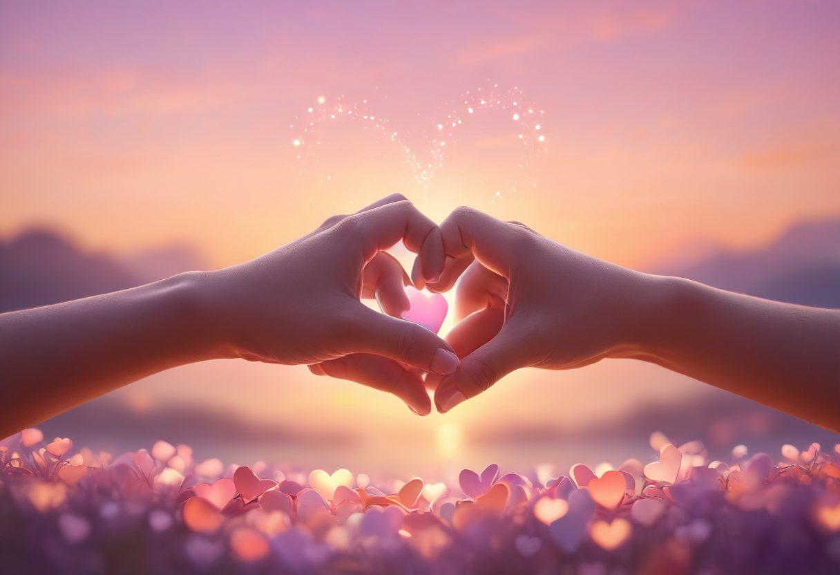 A close-up of two hands gently intertwined, symbolizing deep intimacy and connection, surrounded by soft glowing hearts and warm light, evoking feelings of love and devotion. The background features a serene landscape with pastel colors, enhancing the sense of calm and affection. soft focus. romantic atmosphere. vibrant colors. 3D.