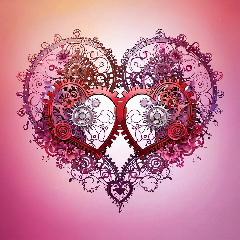 A beautifully intertwined pair of hearts with gears and cogs illustrating the mechanics of love, surrounded by soft blossoms symbolizing affection and passion. The background features a bright gradient, transitioning from warm reds to gentle pinks, highlighting the emotional journey of relationships. Ethereal sparkles float around, enhancing the enchanting feel of love's complexities. super-realistic. vibrant colors. soft focus.